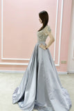 A-line Bateau Silver Prom Dresses Short Sleeve Beading Evening Dresses AMY2692