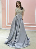 A-line Bateau Silver Prom Dresses Short Sleeve Beading Evening Dresses AMY2692