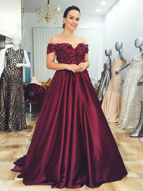 A-line Off-the-shoulder Burgundy Prom Dresses With Lace Evening Gowns AMY2694