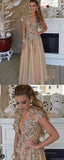 A-line V neck Long Prom Dresses With Applique Cap Sleeve Beautiful Evening Dress AMY2717