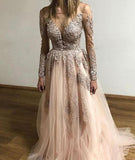 A-line Scoop Long Prom Dresses With Applique Long Sleeve Beautiful Evening Dress AMY2718