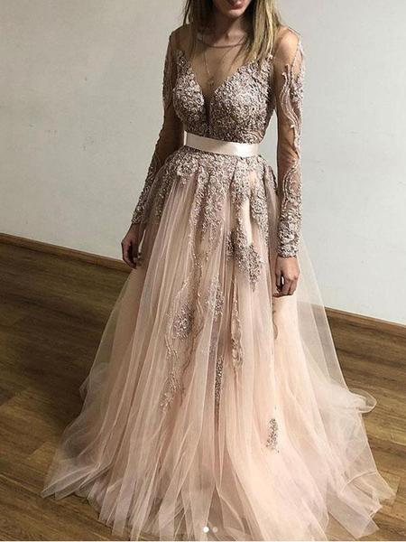 A-line Scoop Long Prom Dresses With Applique Long Sleeve Beautiful Evening Dress AMY2718
