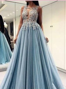 A-line Scoop Long Prom Dresses With Applique Beading Beautiful Blue Evening Dress AMY2719