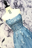 A-line Strapless Blue Long Prom Dress With Applique Unique Prom Dress Long Evening Dress SED493|Selinadress