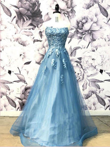 A-line Strapless Blue Long Prom Dress With Applique Unique Prom Dress Long Evening Dress SED493|Selinadress