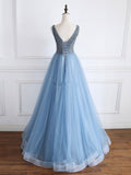 Chic A-line V neck Blue Long Prom Dress Beaded Formal Dress #SED152