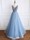 Chic A-line V neck Blue Long Prom Dress Beaded Formal Dress #SED152