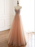 Chic A-line Spaghetti Straps Pink Long Prom Dress Beaded Party Dress #SED153