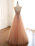 Chic A-line Spaghetti Straps Pink Long Prom Dress Beaded Party Dress #SED153