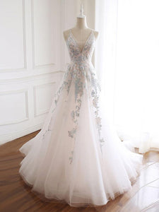 Chic A-line Spaghetti Straps V neck Applique White Prom Dress Long Formal Dress #SED156