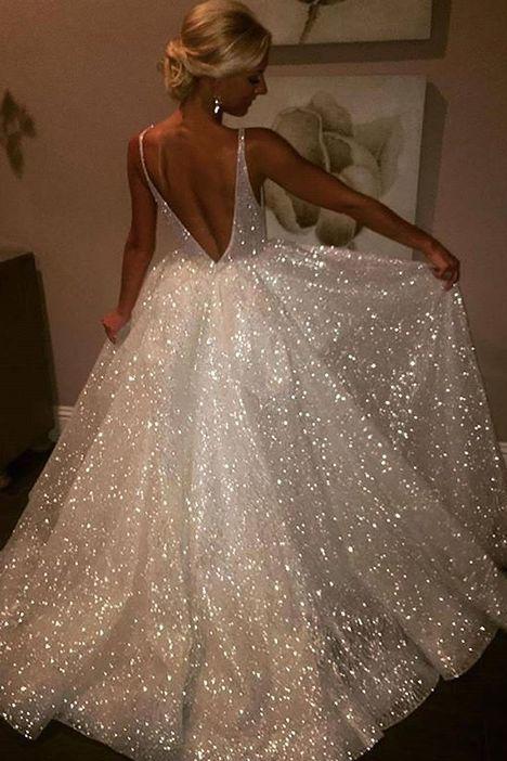 A-line V neck White Long Prom Dress Sparkly Evening Dresses SED410 – SELINADRESS A-line V neck White Long Prom Dress Sparkly Evening Dresses SED410 – SELINADRESS