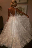 A-line V neck White Long Prom Dress Sparkly Evening Dresses SED410
