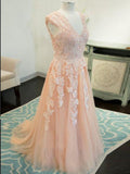 A-line V neck Floor Length Tulle Prom Dresses Long Evening Dresses SED454|Selinadress