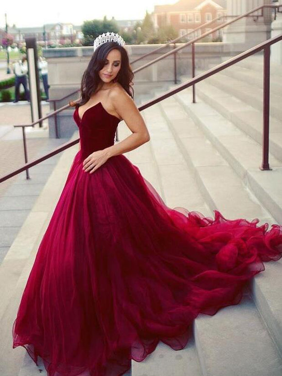 Burgundy Prom Dress Strapless Tulle Graduacion Elegant Long Prom Dresses/Evening Dress SED476|Selinadress