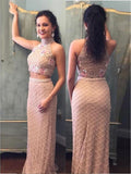 Two Pieces High Neck Floor Length Pearl Pink Elegant Prom Dresses Long Evening Dresses SED458|Selinadress