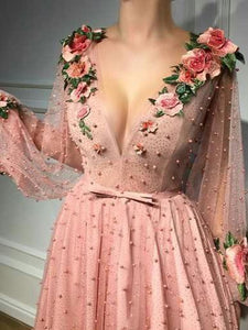 A-line Prom Dresses V neck Pink Long Prom Dress Evening Dresses With Flower SED465|Selinadress