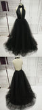 A-line Halter Prom Dresses Black Simple Long Prom Dress Evening Dresses SED468|Selinadress