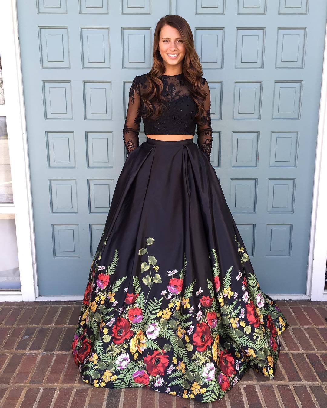 Two Pieces Prom Dresses Black A-line Scoop Floral Prom Dress/Evening D SELINADRESS Two Pieces Prom Dresses Black A-line Scoop Floral Prom Dress/Evening D SELINADRESS