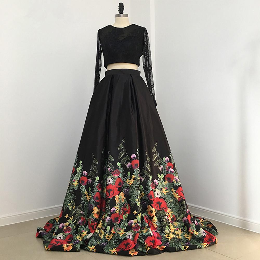 Two Pieces Prom Dresses Black A-line Scoop Floral Prom Dress/Evening D SELINADRESS Two Pieces Prom Dresses Black A-line Scoop Floral Prom Dress/Evening D SELINADRESS
