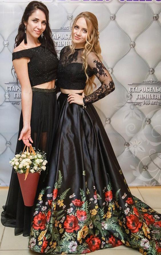 Two Pieces Prom Dresses Black A-line Scoop Floral Prom Dress/Evening D SELINADRESS Two Pieces Prom Dresses Black A-line Scoop Floral Prom Dress/Evening D SELINADRESS