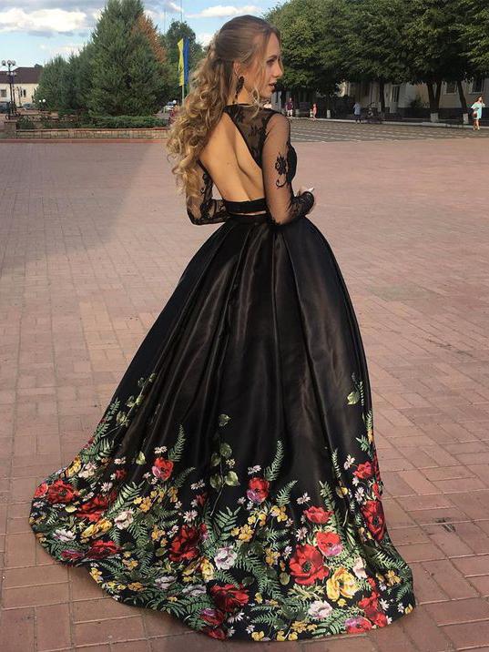 Two Pieces Prom Dresses Black A-line Scoop Floral Prom Dress/Evening Dress SED390