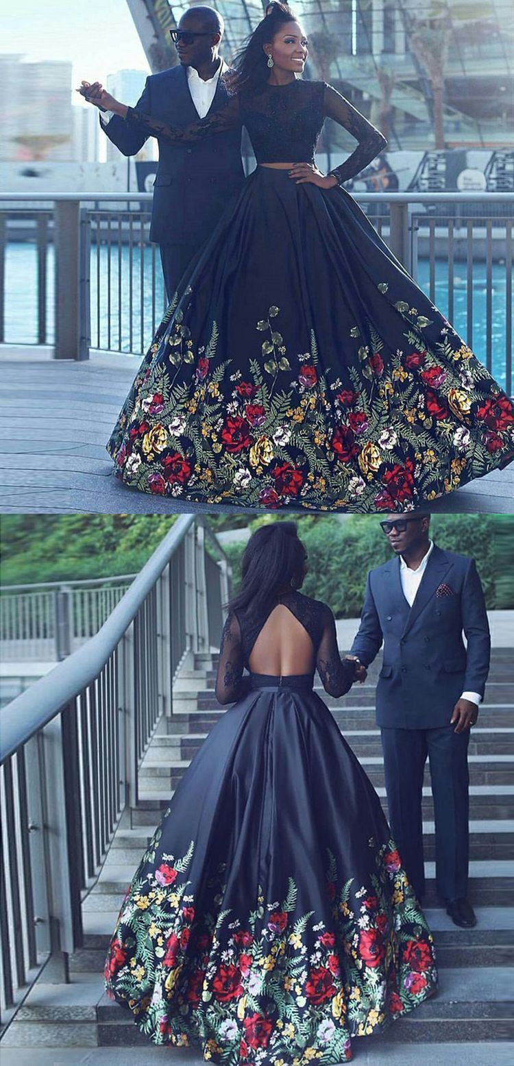 Two Pieces Prom Dresses Black A-line Scoop Floral Prom Dress/Evening D SELINADRESS Two Pieces Prom Dresses Black A-line Scoop Floral Prom Dress/Evening D SELINADRESS
