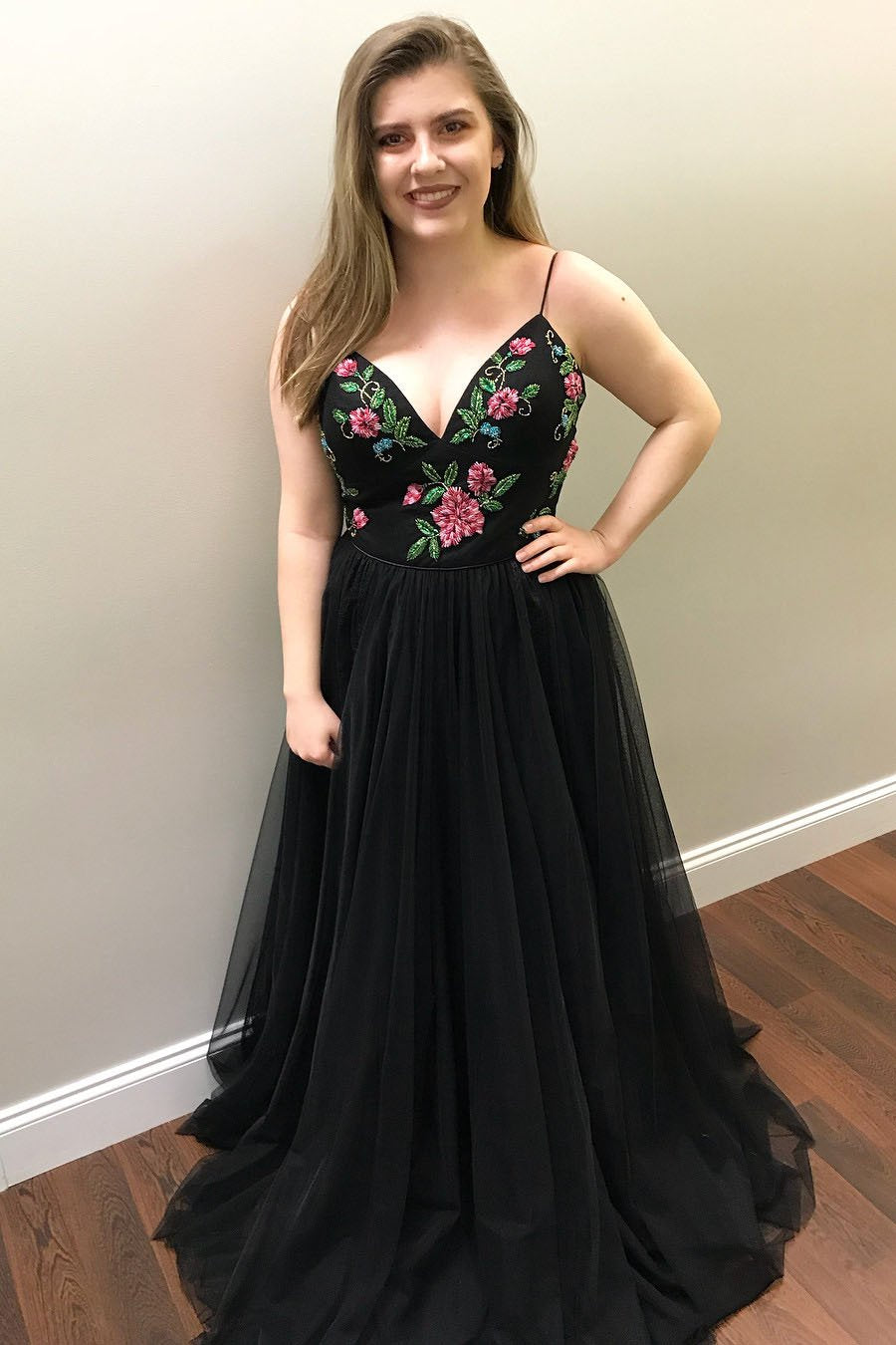 Beautiful Prom Dresses A-line Spaghetti Straps Black Floral Prom Dress SELINADRESS Beautiful Prom Dresses A-line Spaghetti Straps Black Floral Prom Dress SELINADRESS