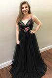 Beautiful Prom Dresses A-line Spaghetti Straps Black Floral Prom Dress/Evening Dress SED391