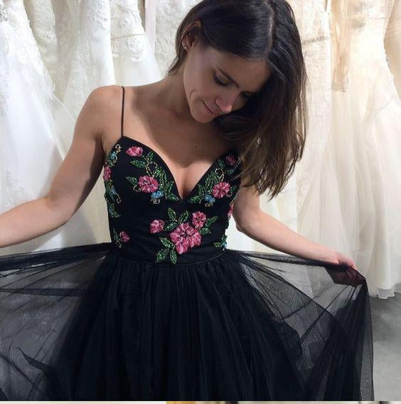 Beautiful Prom Dresses A-line Spaghetti Straps Black Floral Prom Dress SELINADRESS Beautiful Prom Dresses A-line Spaghetti Straps Black Floral Prom Dress SELINADRESS