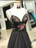 Beautiful Prom Dresses A-line Spaghetti Straps Black Floral Prom Dress/Evening Dress SED391