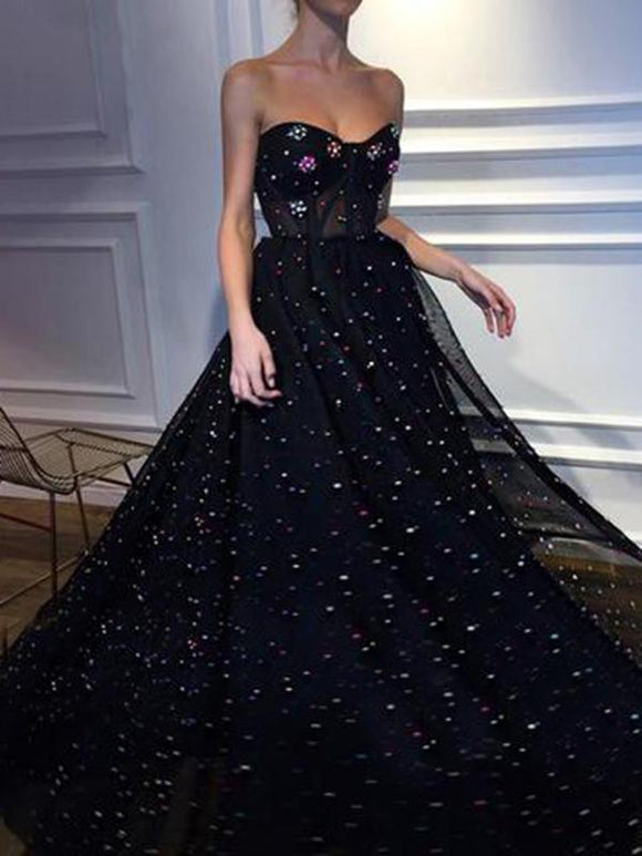 Dark Navy A-line Sweetheart Tulle Elegant Beaded Long Prom Dresses/Evening Dress SED475|Selinadress