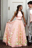 Two Pieces Prom Dresses A-line High Neck Floral Beautiful Prom Dress/Evening Dress SED394
