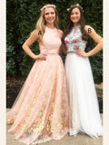 Two Pieces Prom Dresses A-line High Neck Floral Beautiful Prom Dress/Evening Dress SED394