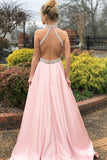 Simple A-line Prom Dresses Pink High Neck Cheap Beading Prom Dress/Evening Dress SED396