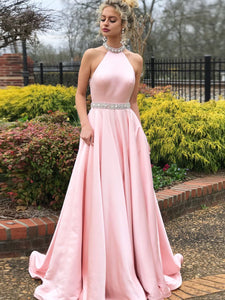 Simple A-line Prom Dresses Pink High Neck Cheap Beading Prom Dress/Evening Dress SED396
