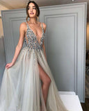 Silver Sparkly Prom Dress Long V neck Beaded A-line Prom Dress/Evening Dresses Formal Gowns SED491|Selinadress