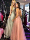 A-line V-neck Beaded Bodice Tulle Long Prom Dresses Evening Dress SED343