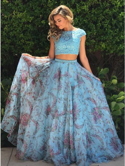 Two Pieces Prom Dresses A-line Scoop Floral Lace Modest Prom Dress/Evening Dress SED502|Selinadress