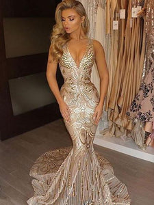 Trumpet/Mermaid Prom Dresses Deep V Neck Beading Gold Long Prom Dress/Evening Dress SED506|Selinadress