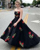 Black Prom Dress Floral Strapless Modest Long Prom Dresses/Evening Dress SED478|Selinadress