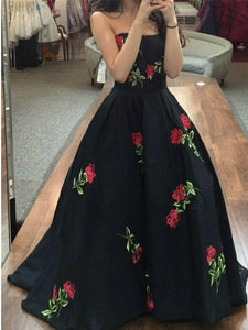 Black Prom Dress Floral Strapless Modest Long Prom Dresses/Evening Dress SED478|Selinadress