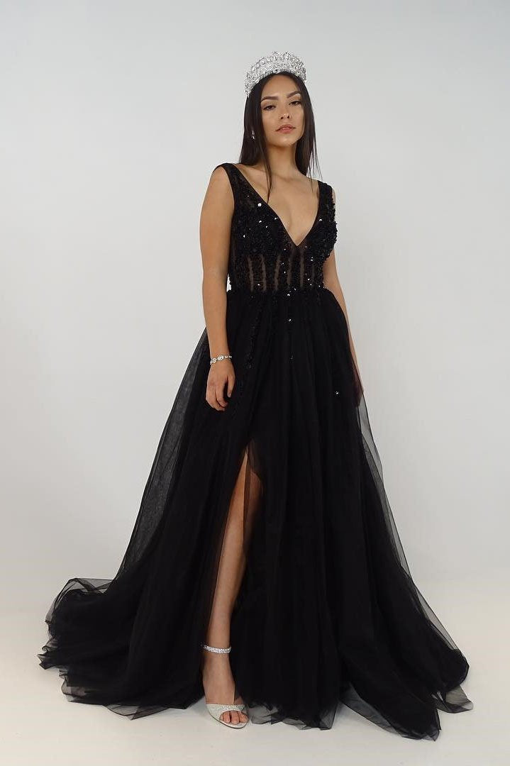 Prom Dress A-line Burgundy Beaded V neck Tulle Long Prom Dresses/Evening Dress SED480|Selinadress