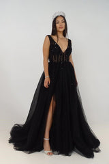 Prom Dress A-line Burgundy Beaded V neck Tulle Long Prom Dresses/Evening Dress SED480|Selinadress