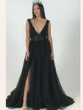 Prom Dress A-line Burgundy Beaded V neck Tulle Long Prom Dresses/Evening Dress SED480|Selinadress