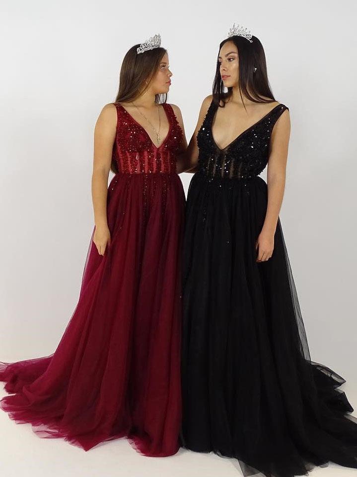 Prom Dress A-line Burgundy Beaded V neck Tulle Long Prom Dresses/Evening Dress SED480|Selinadress
