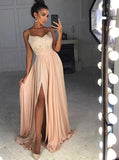 A-line Prom Dress Pink Spaghetti Straps Lace Long Prom Dresses/Evening Dress SED474|Selinadress