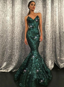 Mermaid Dark Green Prom Dress Sparkly Long Prom Dresses Modest Evening Dress SED472|Selinadress