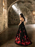 Black Prom Dress Aline Spaghetti Straps Floral Lace Long Prom Dresses/Evening Dress SED482|Selinadress