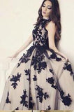 Prom Dress A-line Bateau Applique Black Tulle Long Prom Dresses/Evening Dress SED487|Selinadress