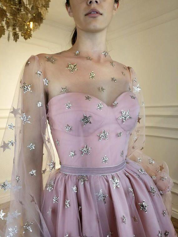 Beautiful Homecoming Dress A-line Tulle Scoop Long Sleeve Short Prom Dresses With Star SED490 - Us Size 2 / Pink Beautiful Homecoming Dress A-line Tulle Scoop Long Sleeve Short Prom Dresses With Star SED490 - Us Size 2 / Pink